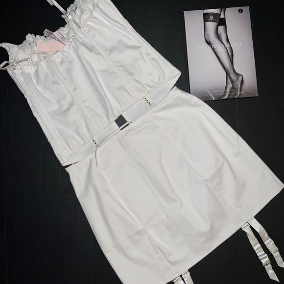 Victoria's Secret M,L CORSET SET+GARTER SKIRT CANVAS lace up CREAM WHITE BRIDAL - Picture 3 of 4